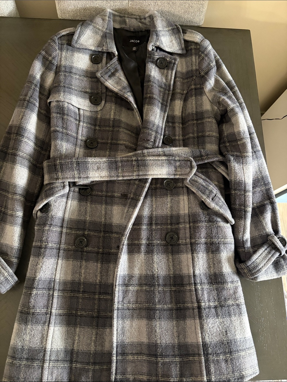 Jacob Gray Plaid Double-Breasted Trench Coat with Belt